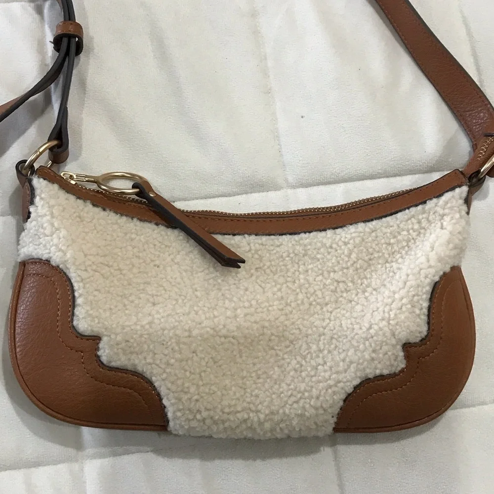 Jessica Simpson Tan Leather and Cream Sherpa Shoulder Bag